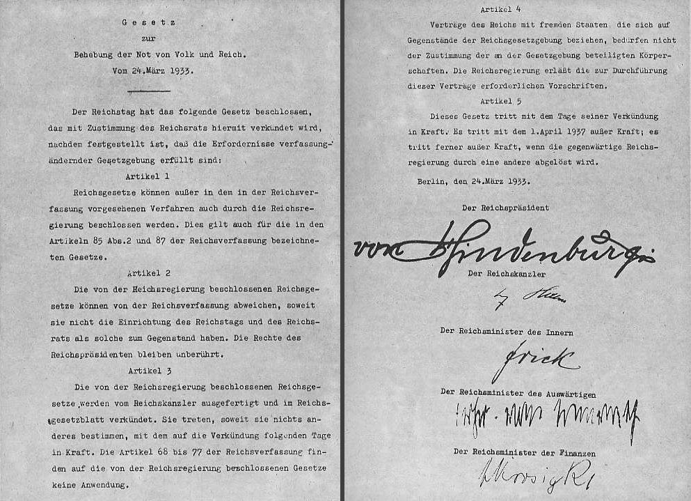 The Enabling Act (Ermächtigungsgesetz) document signed by Hindenburg, Hitler, Frick, Neurath and Krosigk, giving the Cabinet the power to enact laws without the involvement of the Reichstag or consult with President Hindenburg